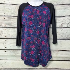 LuLaRoe Womens Medium Randy Top Black Sleeves Blue Pink Floral Raglan Tunic Shir